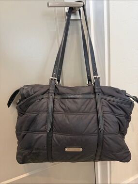 Burberry Abbey Black Quilted Nylon Diaper Bag Tote Leather Trim with COA